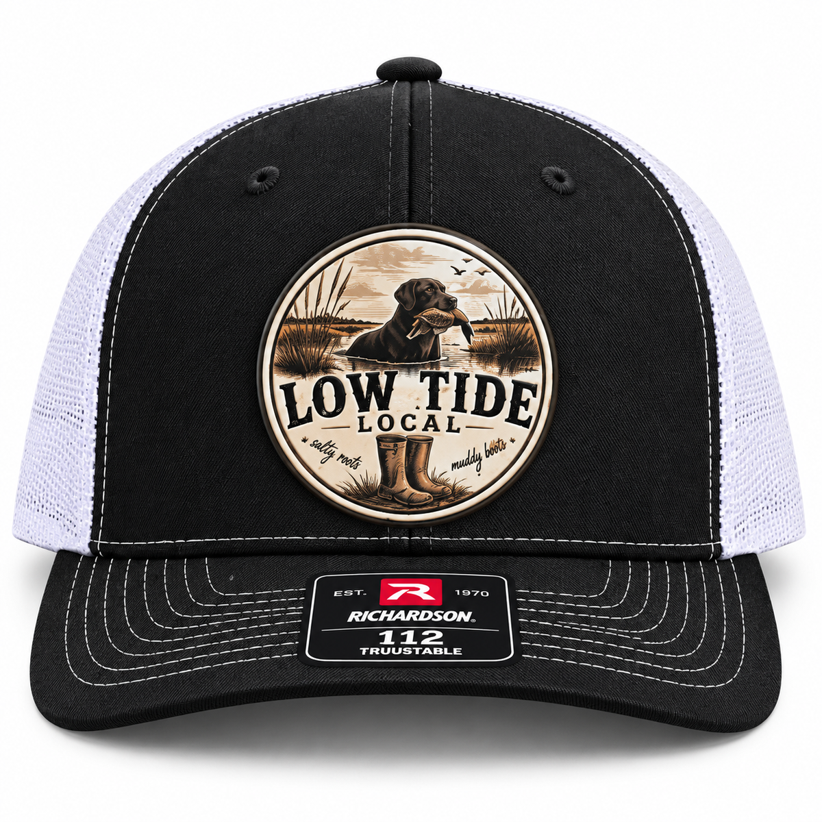 Low Tide Local Backwater Retriever Trucker Hat in Black/White