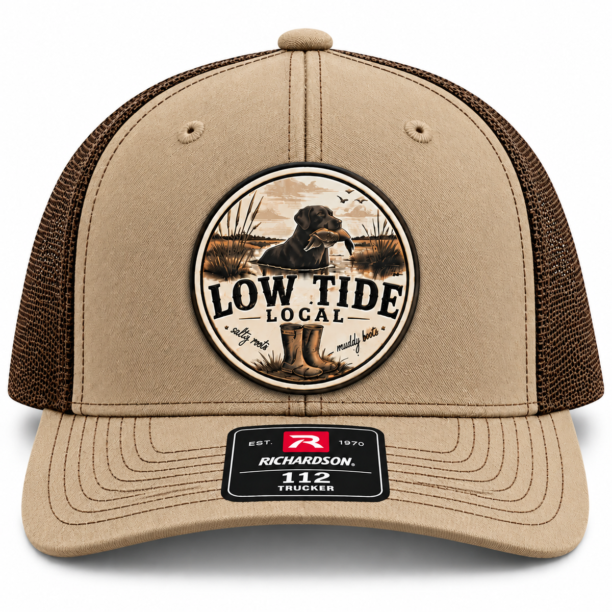 Low Tide Local Backwater Retriever Trucker Hat in Khaki/Coffee, alternate view