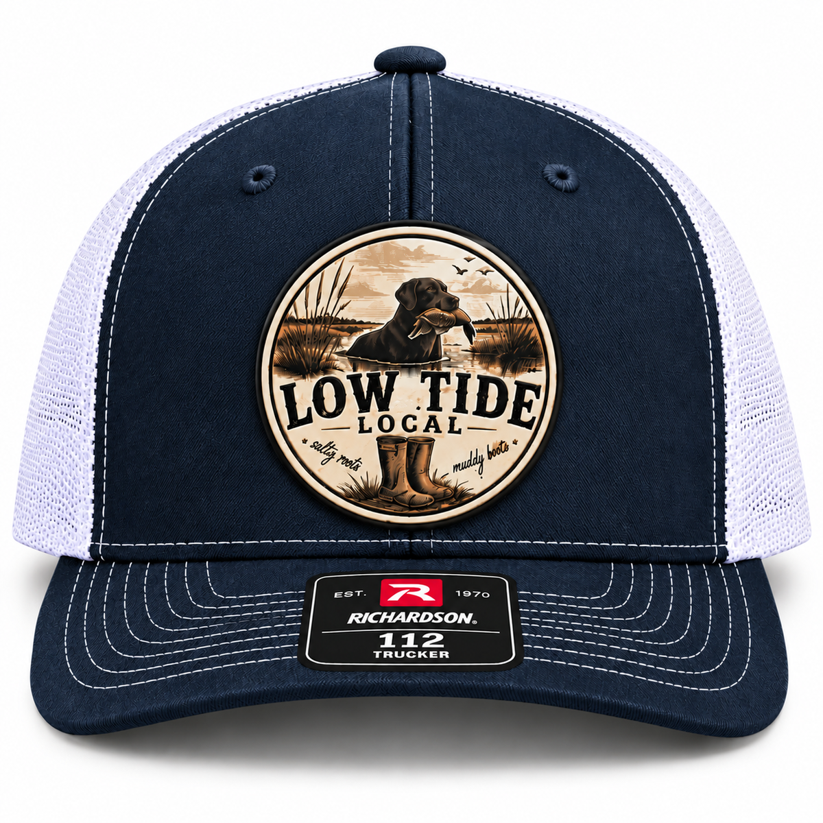 Low Tide Local Backwater Retriever Trucker Hat in Navy/White, alternate view