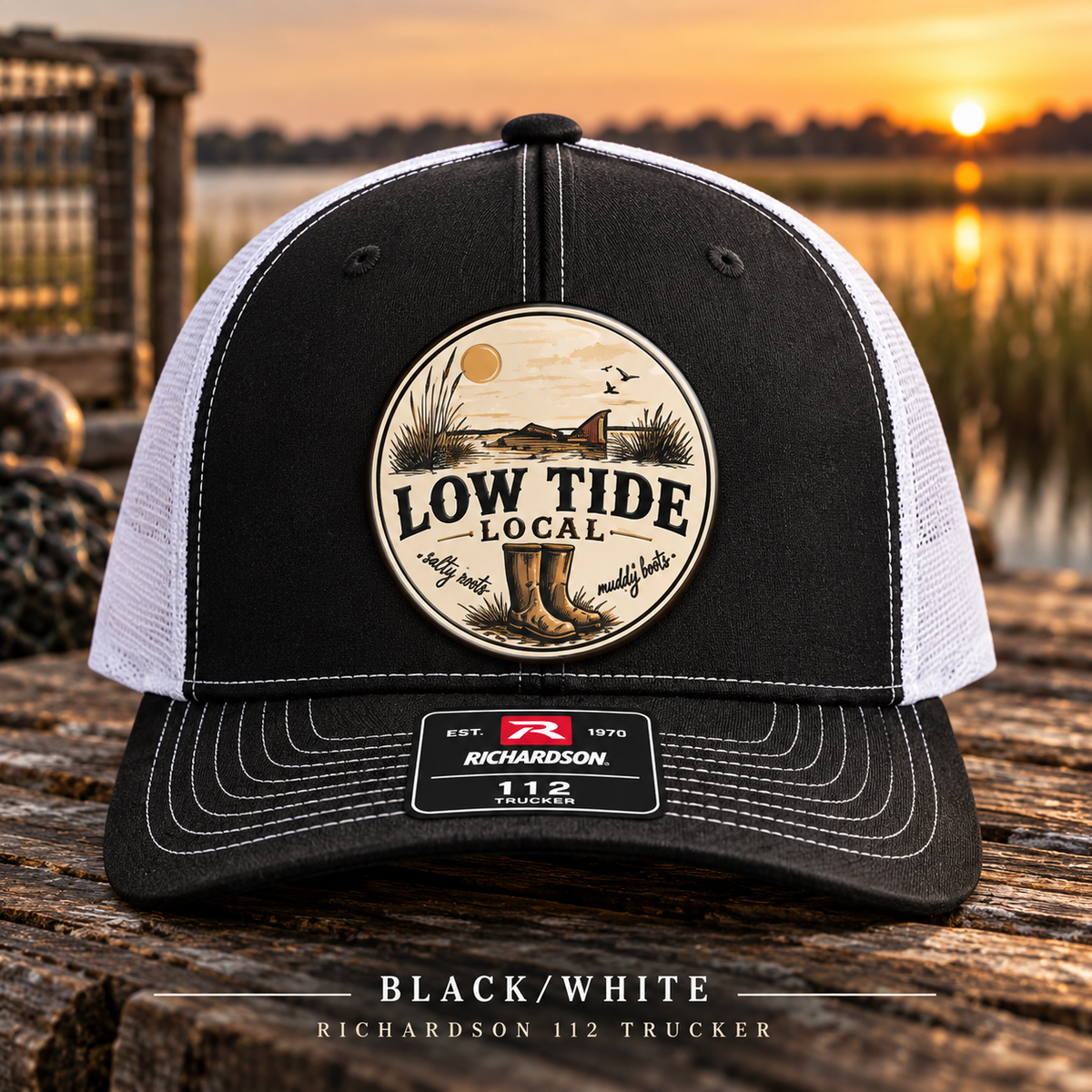 Low Tide Local Tailing Red Trucker Hat in Black/White, alternate view