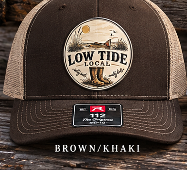 Low Tide Local Tailing Red Trucker Hat in Brown/Khaki