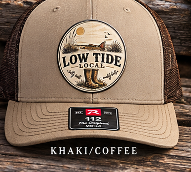 Low Tide Local Tailing Red Trucker Hat in Khaki/Coffee