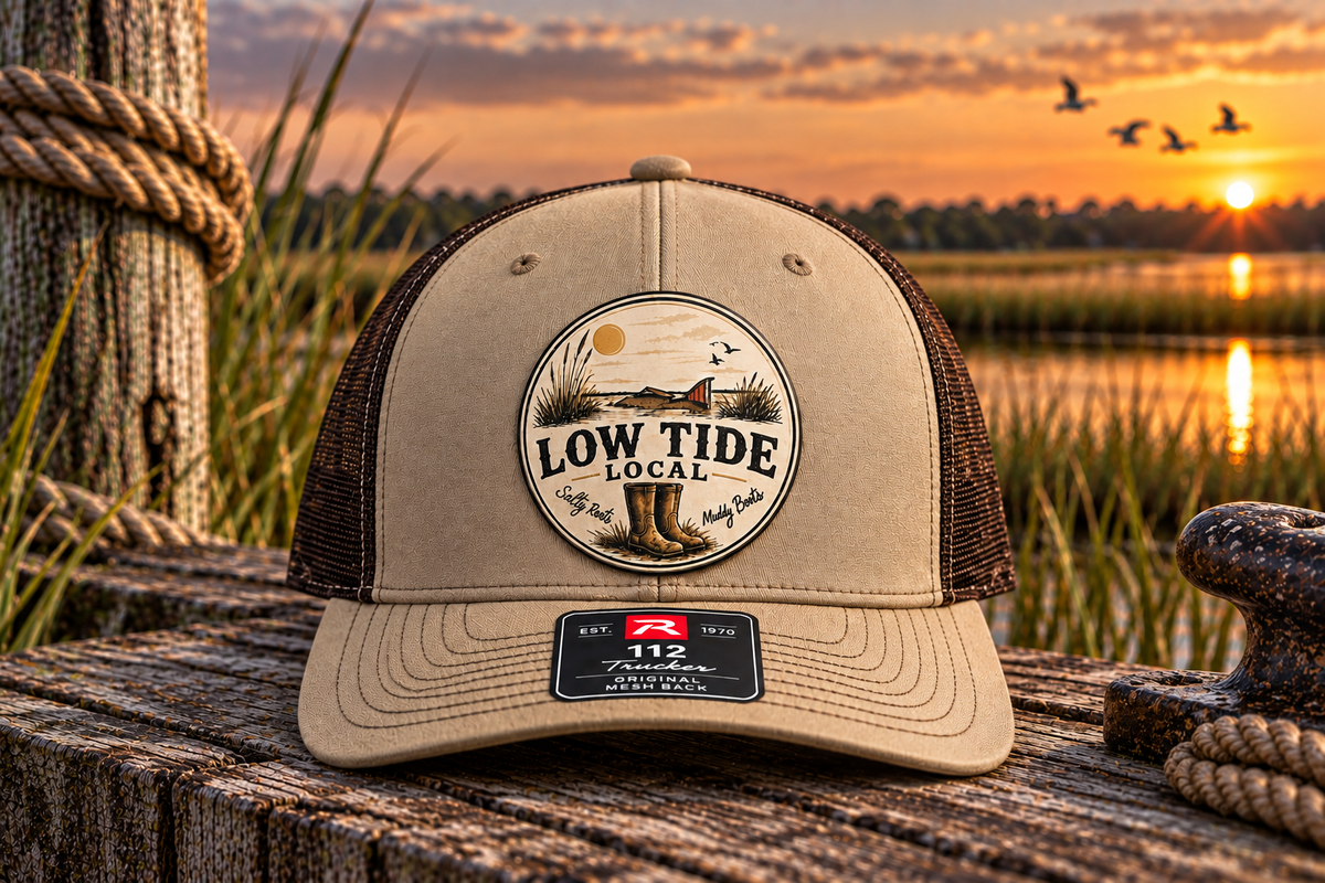 Low Tide Local Tailing Red Trucker Hat in Khaki/Coffee, alternate view