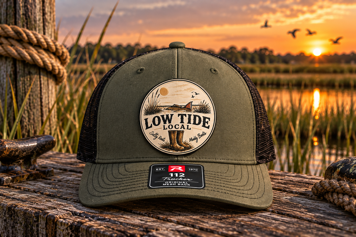 Low Tide Local Tailing Red Trucker Hat in Loden/Black, alternate view