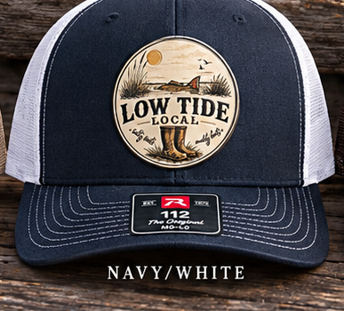 Low Tide Local Tailing Red Trucker Hat in Navy/White