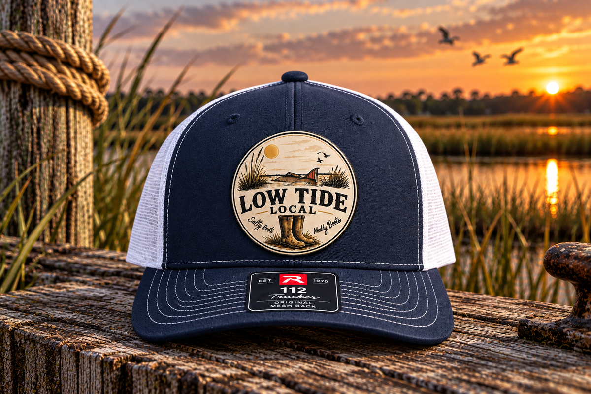 Low Tide Local Tailing Red Trucker Hat in Navy/White, alternate view