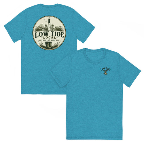 Hunting Island Lighthouse Tee in Aqua triblend — front and back view
