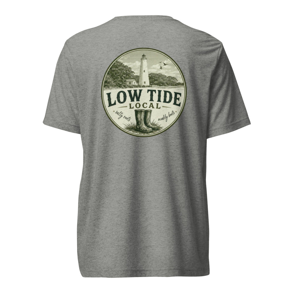 Ocracoke Lighthouse Tee in Athletic Grey triblend — back view