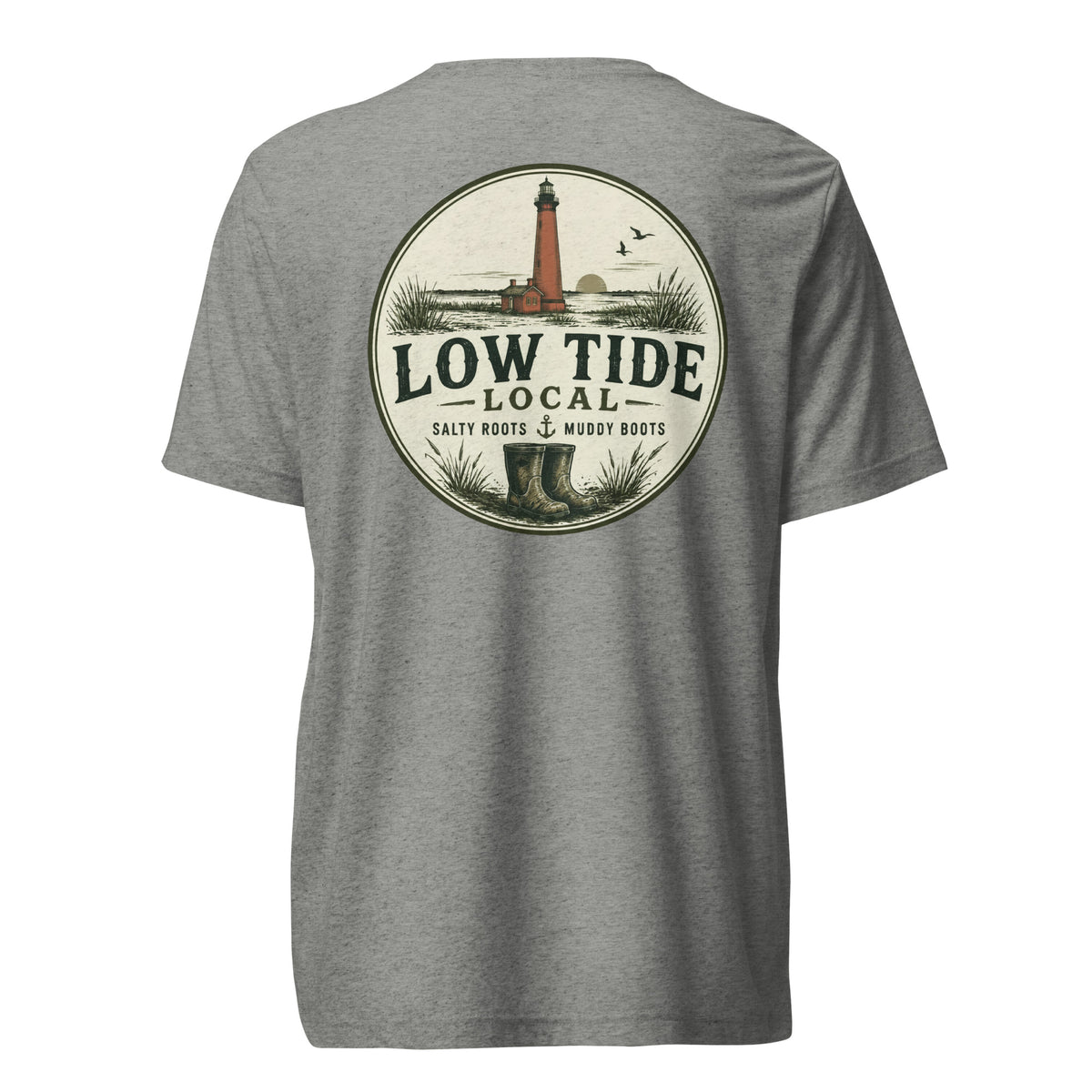 Currituck Beach Lighthouse Tee in Athletic Grey triblend — back view