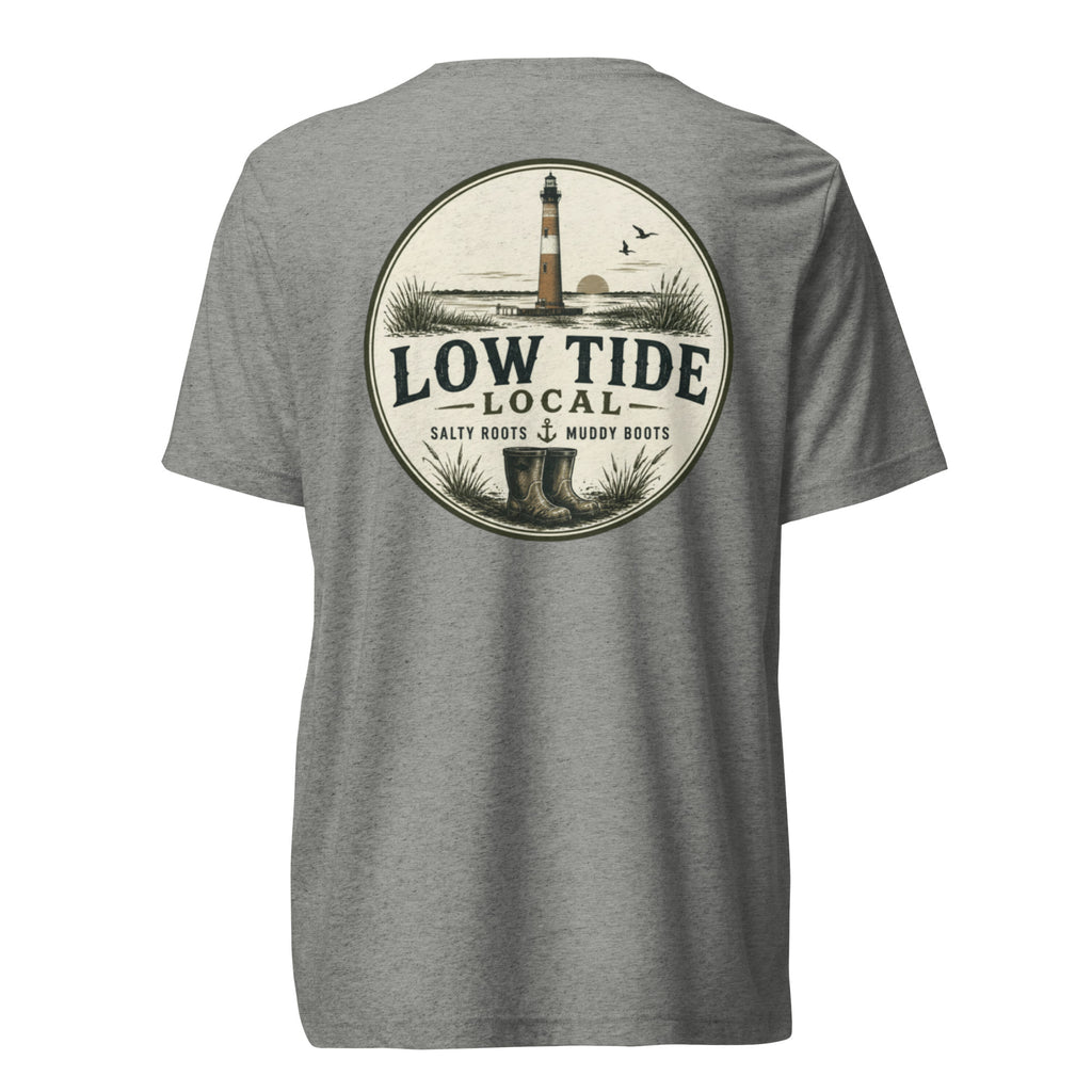 Morris Island Lighthouse Tee in Athletic Grey triblend — back view