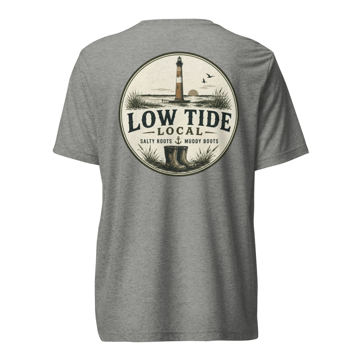 Morris Island Lighthouse Tee in Athletic Grey triblend — back view