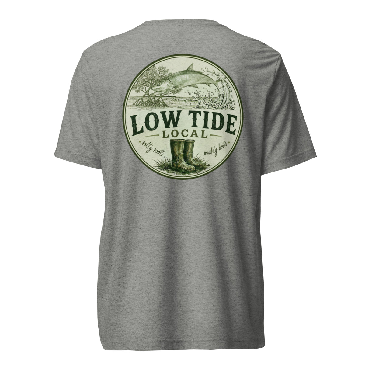 Low Tide Local Silver King Tee in Athletic Grey triblend — back view