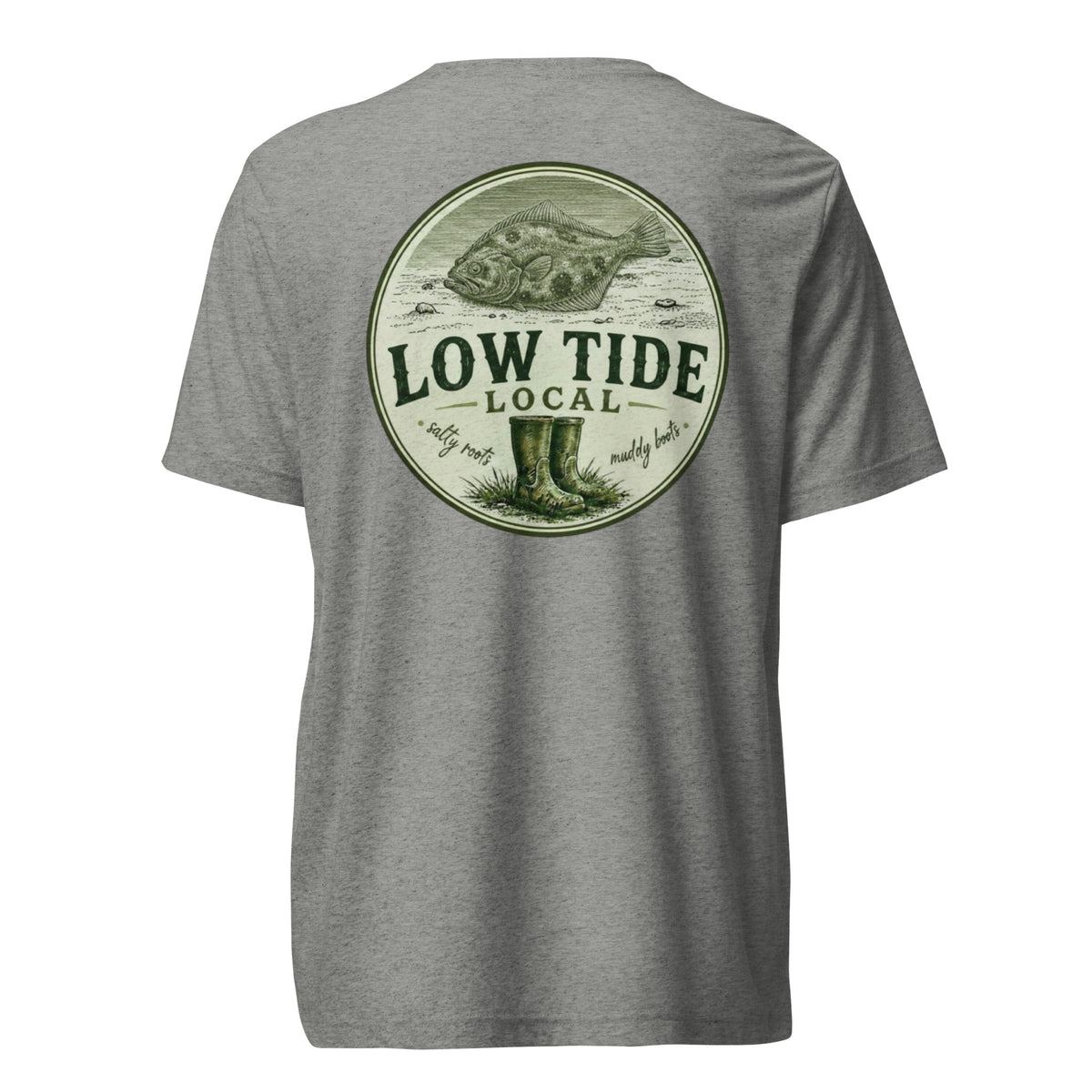 Low Tide Local Coastal Flounder Tee in Athletic Grey triblend — back view