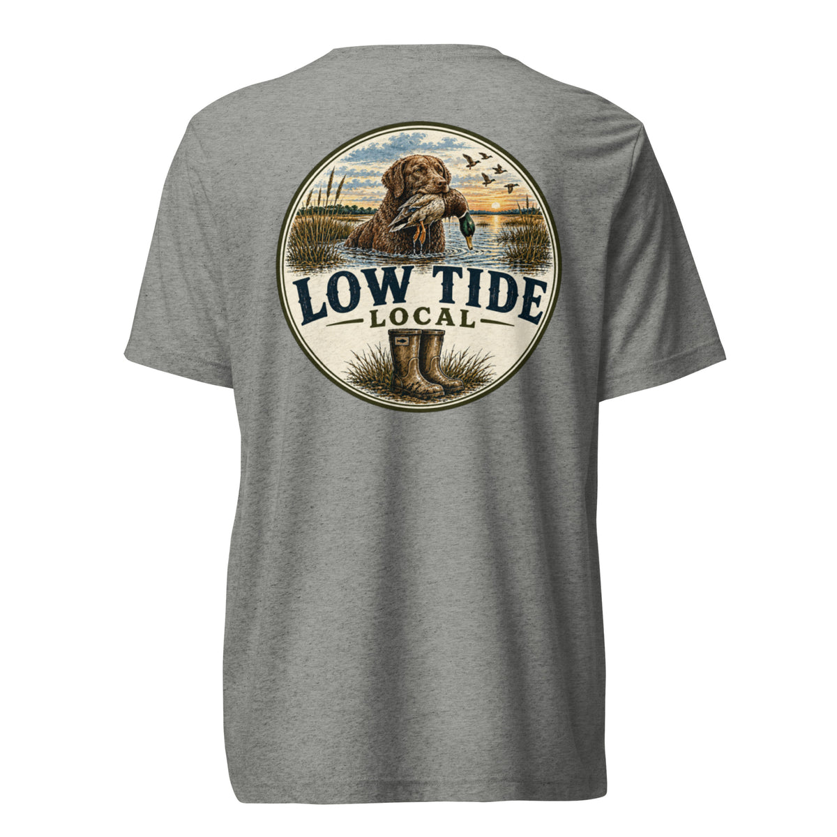 Low Tide Local Boykin Watch Tee in Athletic Grey triblend — back view
