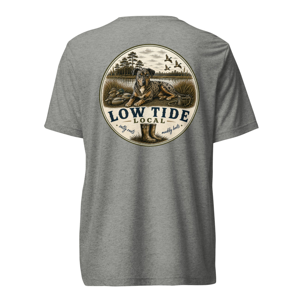Low Tide Local Catahoula Tee in Athletic Grey triblend — back view