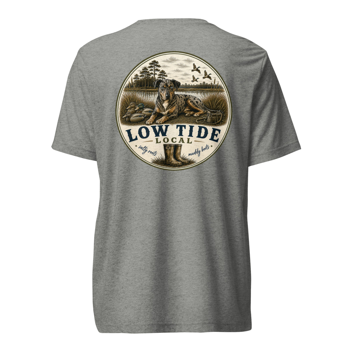 Low Tide Local Catahoula Tee in Athletic Grey triblend — back view