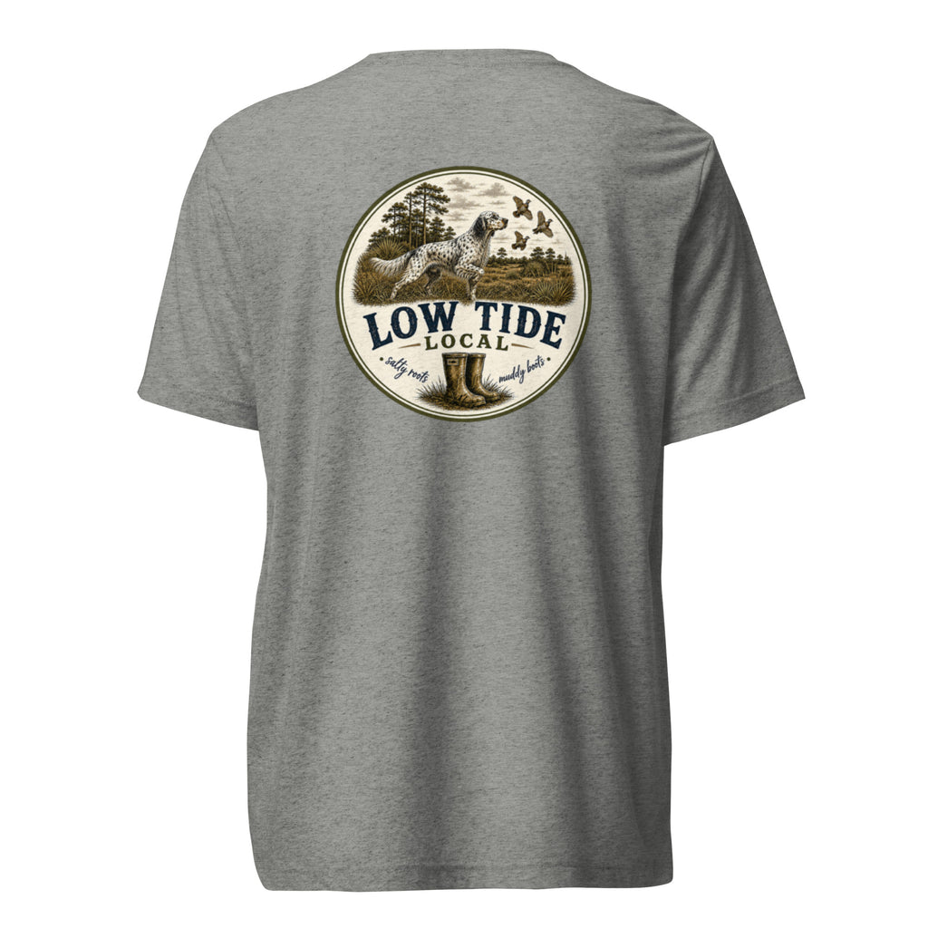 Low Tide Local Setter's Stand Tee in Athletic Grey triblend — back view