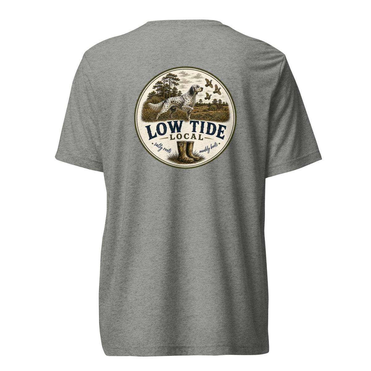 Low Tide Local Setter's Stand Tee in Athletic Grey triblend — back view