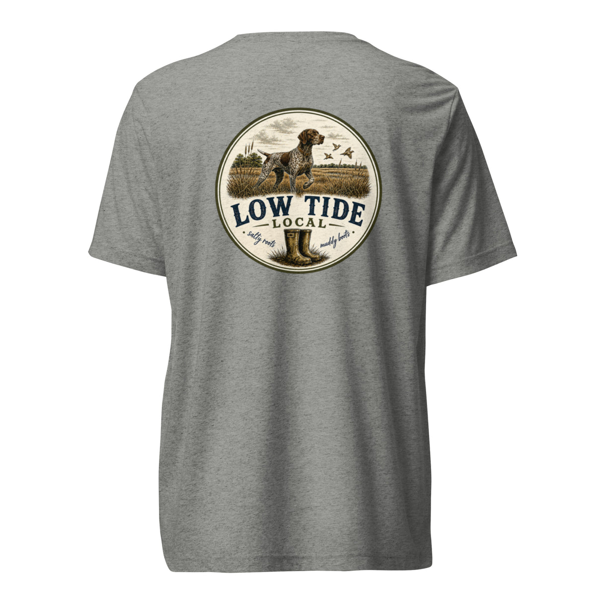 Low Tide Local Shorthair Pointer Tee in Athletic Grey triblend — back view