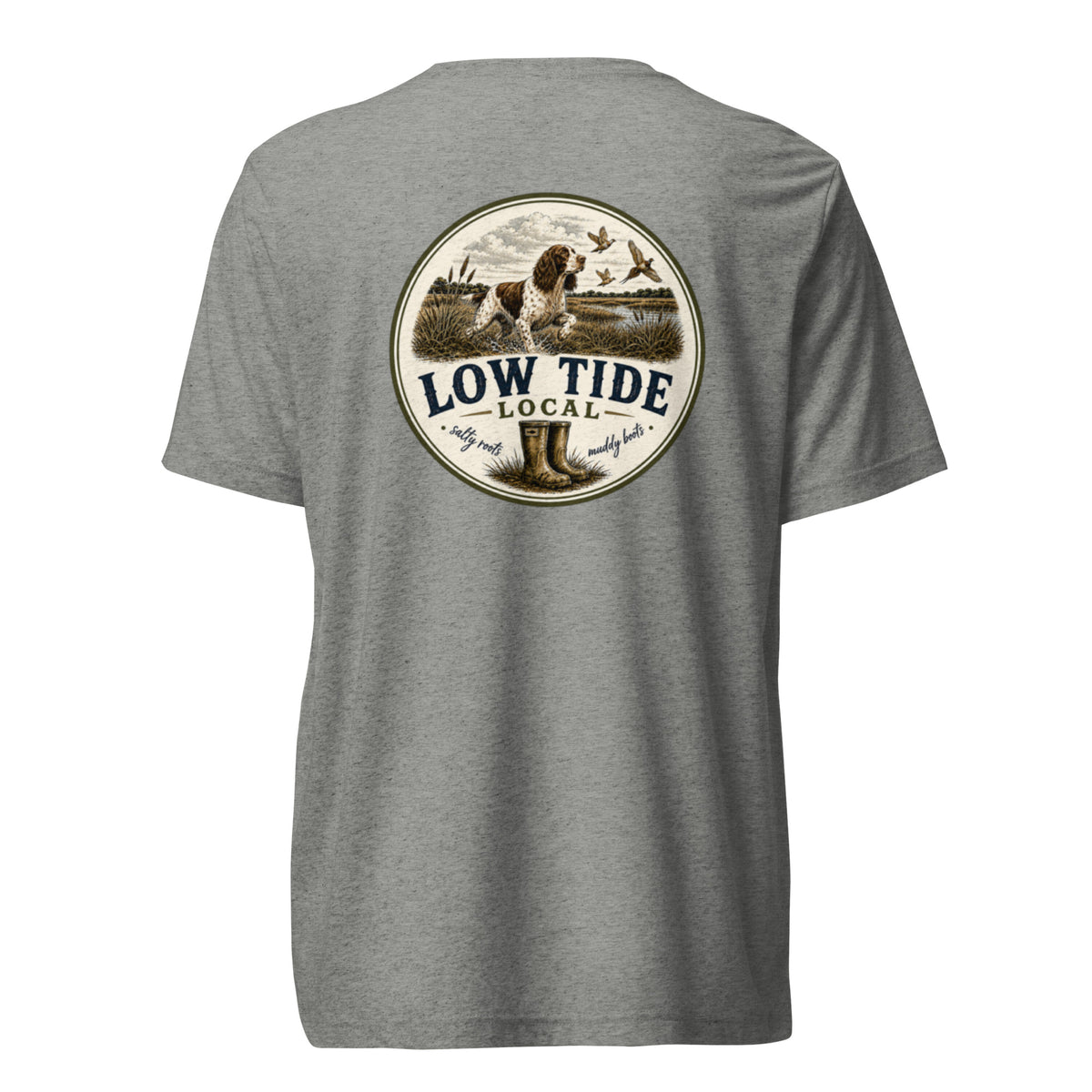 Low Tide Local Springer Flush Tee in Athletic Grey triblend — back view