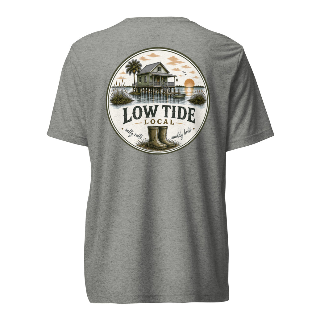 Low Tide Local Fish Camp Tee in Athletic Grey triblend — back view