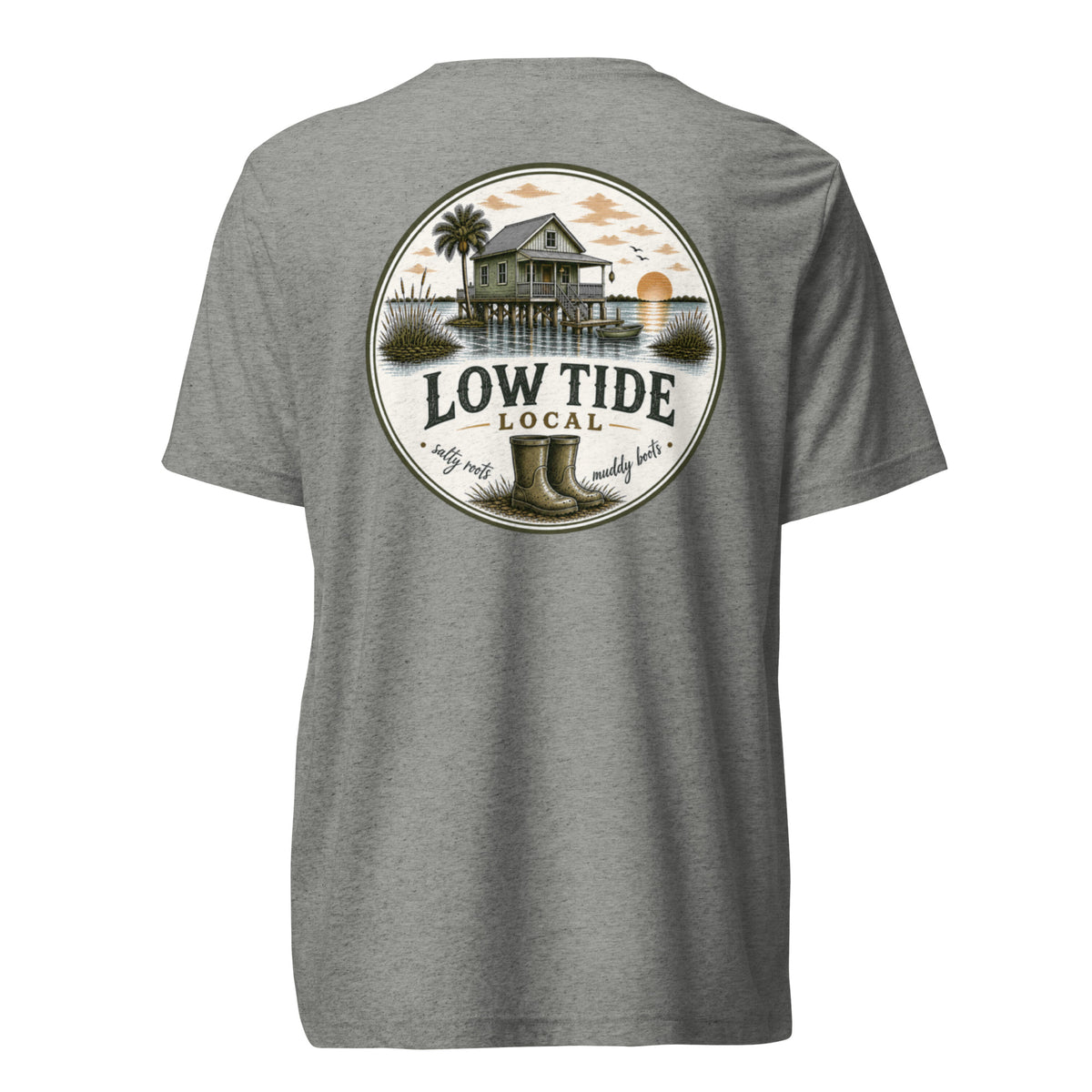 Low Tide Local Fish Camp Tee in Athletic Grey triblend — back view