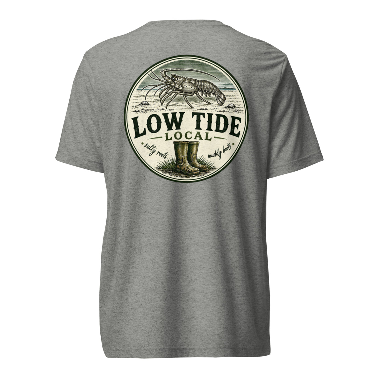 Low Tide Local Spiny Lobster Tee in Athletic Grey triblend — back view