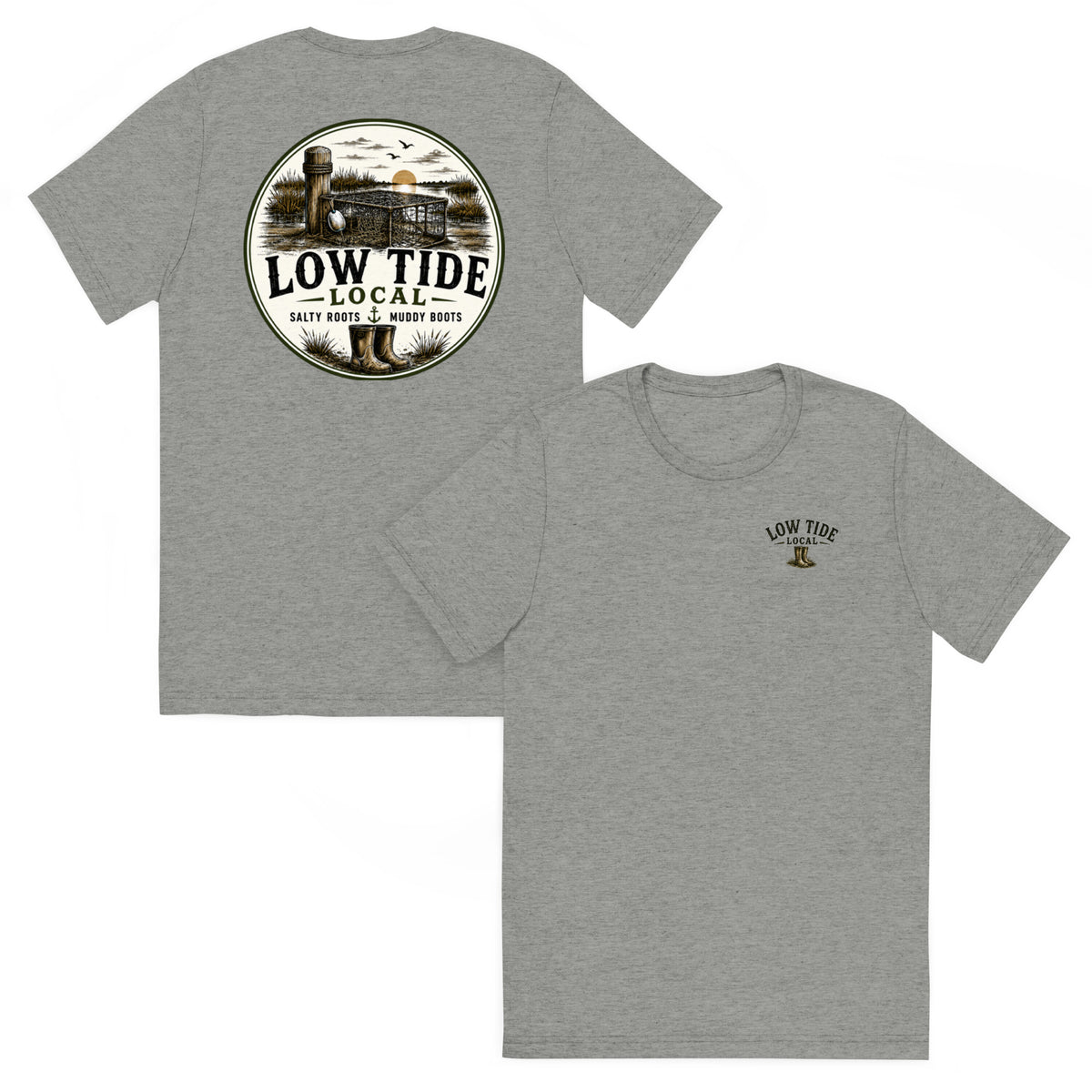 The Low Tide Local Crab Trap Tee in Athletic Grey triblend — front and back view