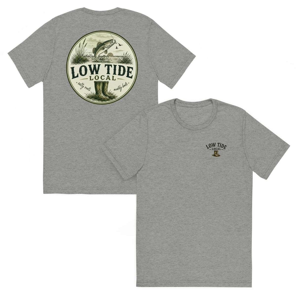 Low Tide Local Speckled Trout Tee in Athletic Grey triblend — front and back view