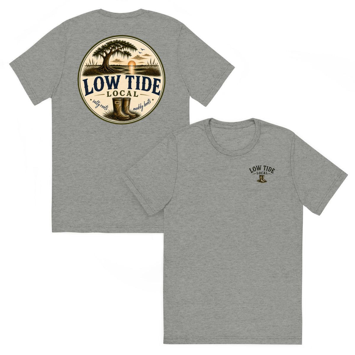 Low Tide Local Live Oak Marsh Tee in Athletic Grey triblend — front and back view