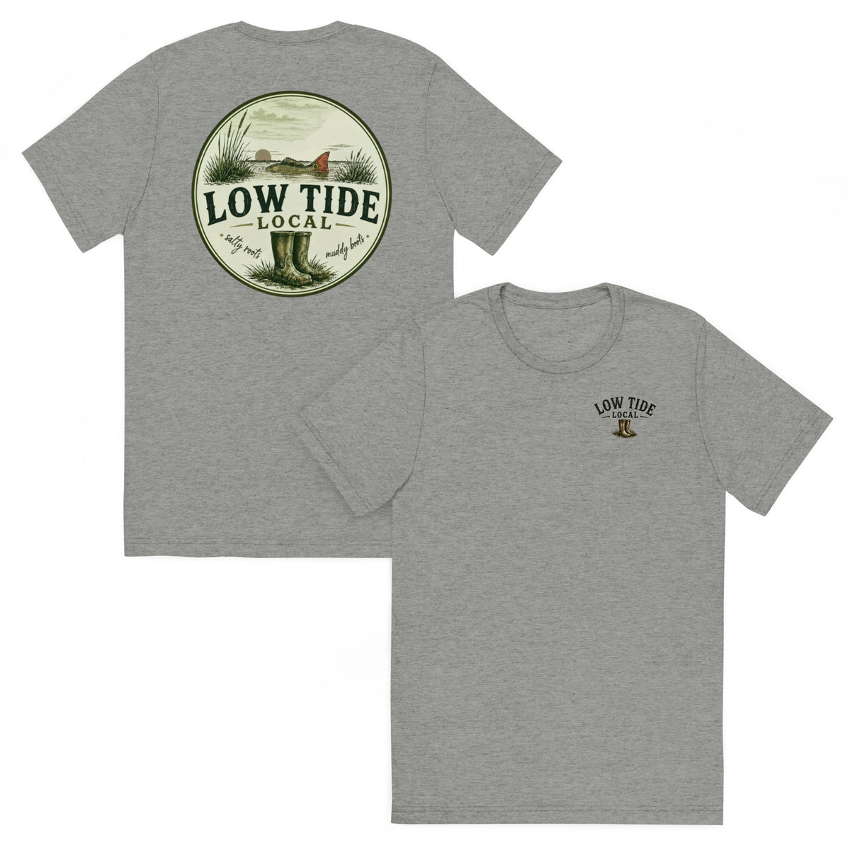 Low Tide Local Backcountry Red Tee in Athletic Grey triblend — front and back view