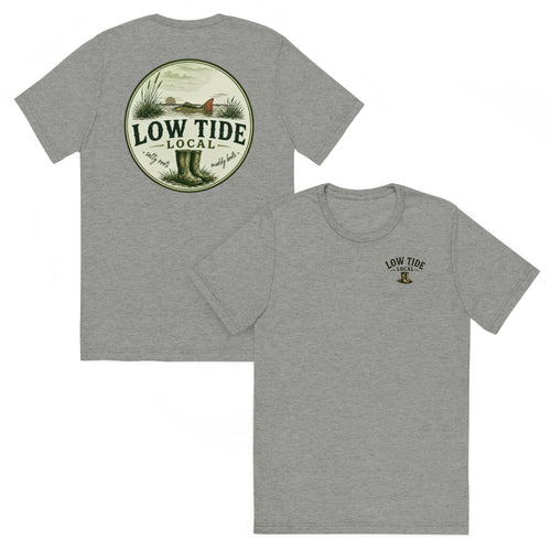 Low Tide Local Backcountry Red Tee in Athletic Grey triblend — front and back view