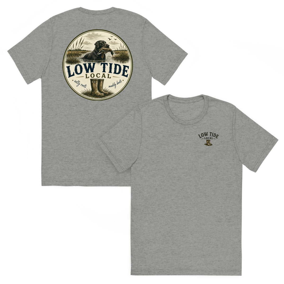 Low Tide Local Marsh Retriever Tee in Athletic Grey triblend — front and back view