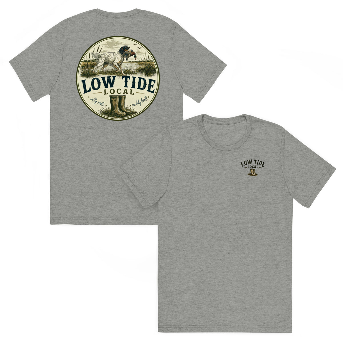 Low Tide Local English Setter Tee in Athletic Grey triblend — front and back view