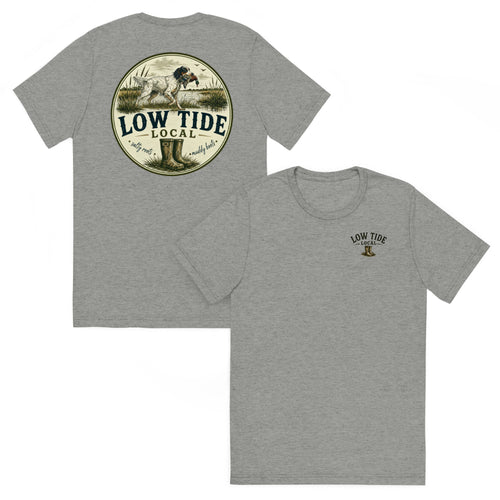 Low Tide Local English Setter Tee in Athletic Grey triblend — front and back view