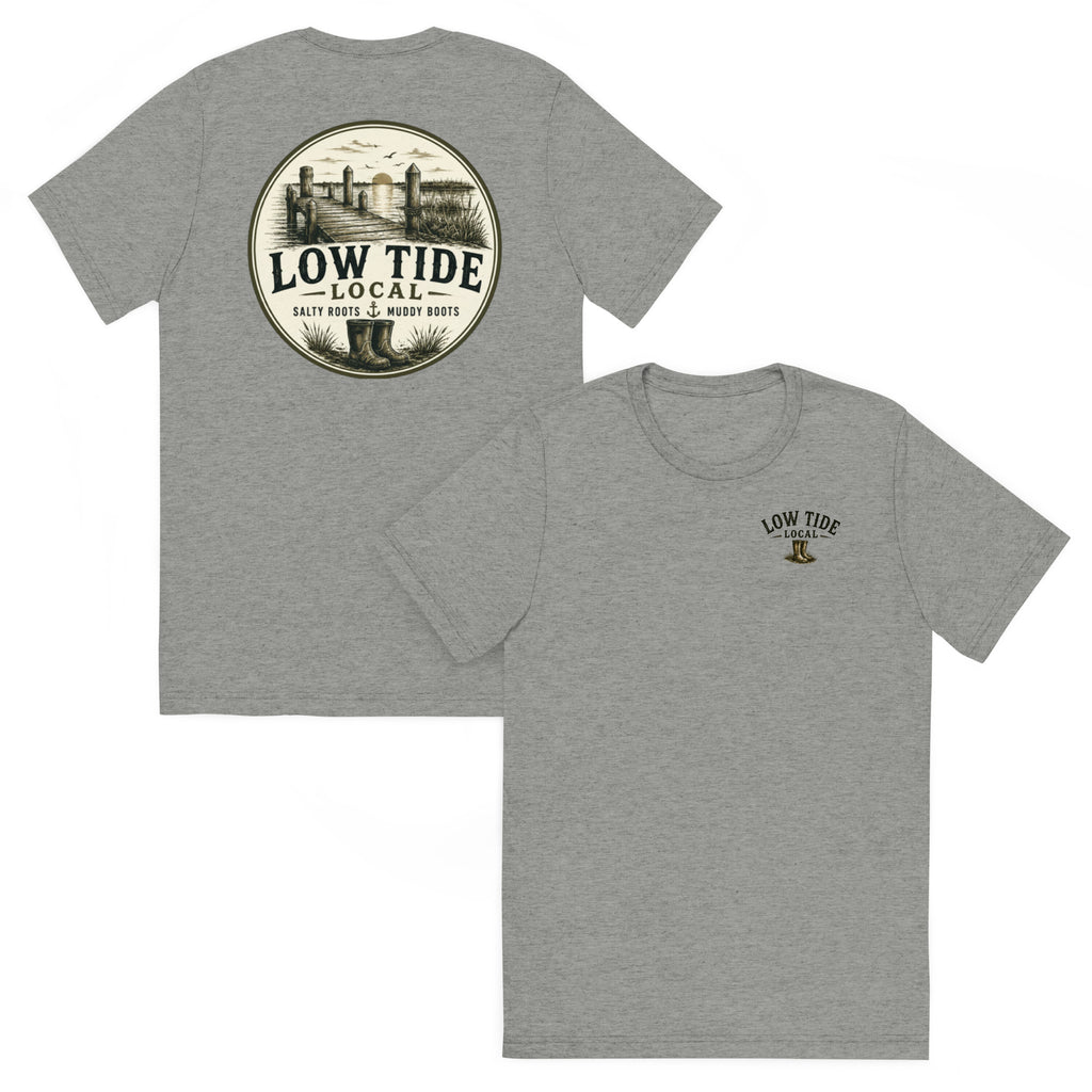 Low Tide Local Marsh Pointer Tee in Athletic Grey triblend — front and back view