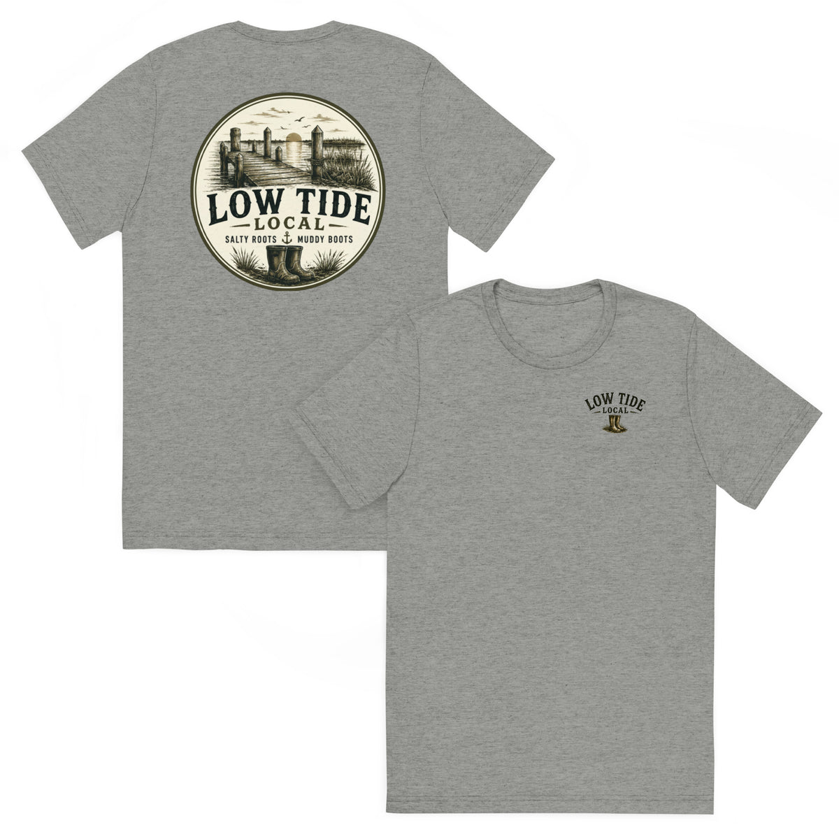Low Tide Local Marsh Pointer Tee in Athletic Grey triblend — front and back view