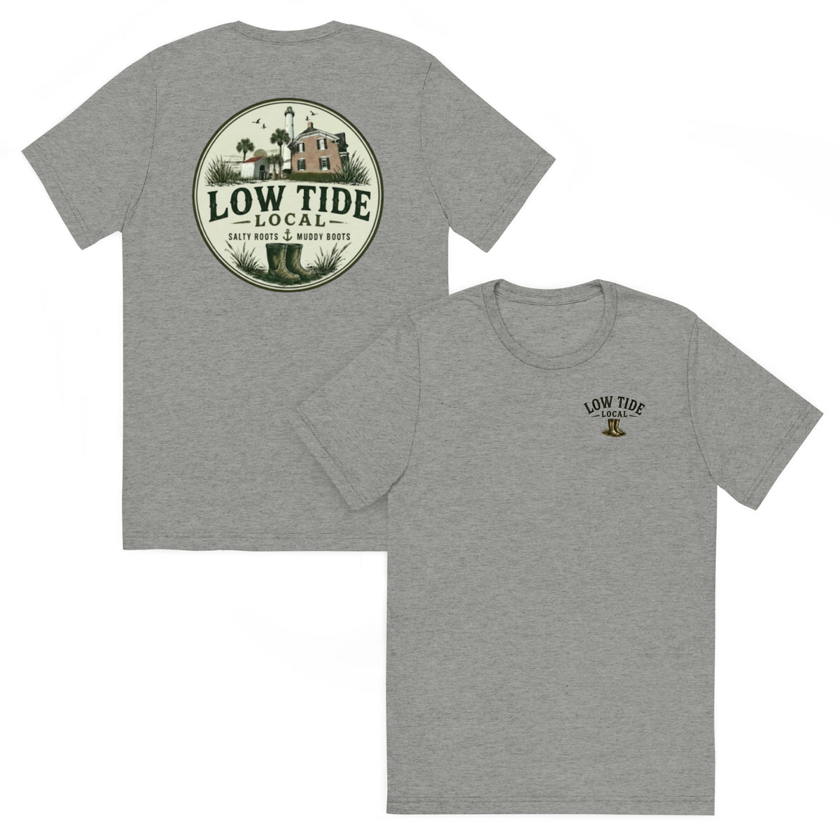 St. Simons Island Lighthouse Tee in Athletic Grey triblend — front and back view