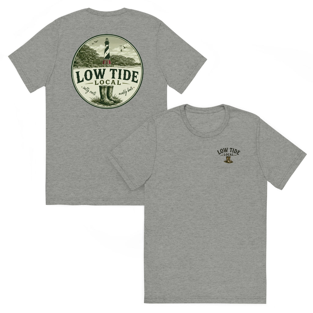 Cape Hatteras Lighthouse Tee in Athletic Grey triblend — front and back view