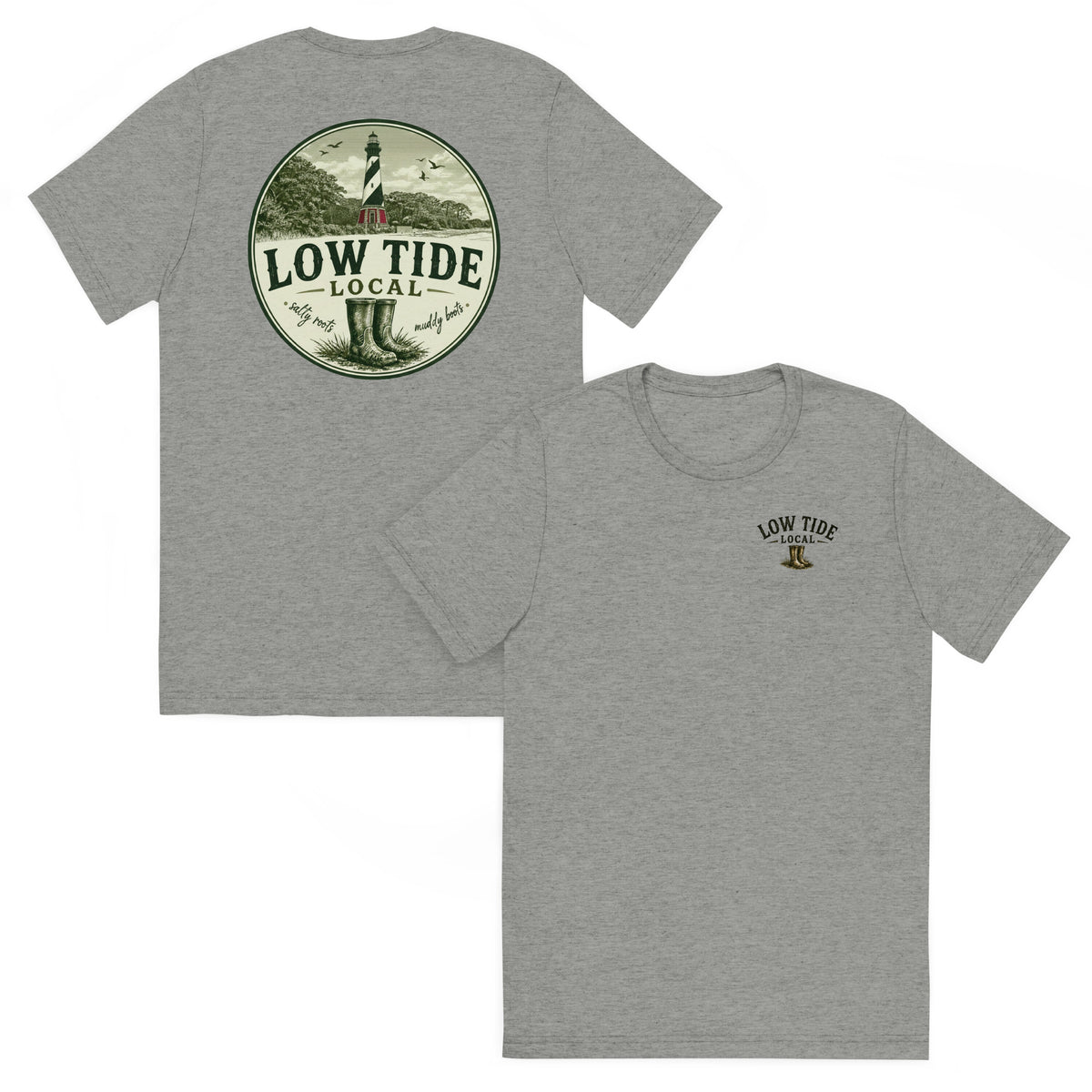 Cape Hatteras Lighthouse Tee in Athletic Grey triblend — front and back view