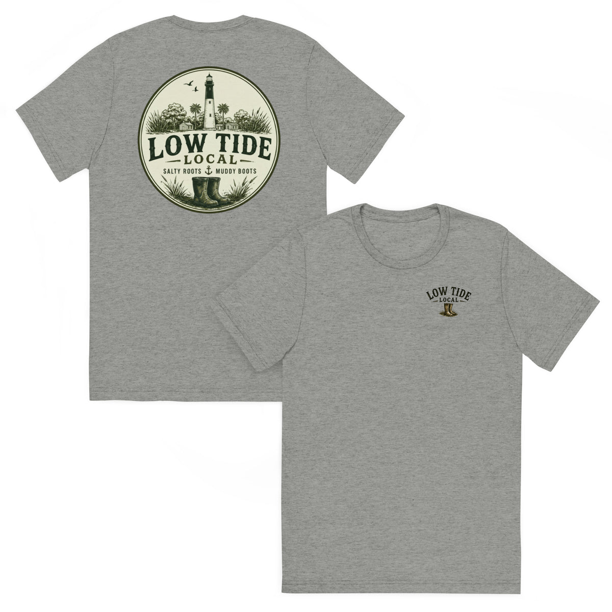 Hunting Island Lighthouse Tee in Athletic Grey triblend — front and back view