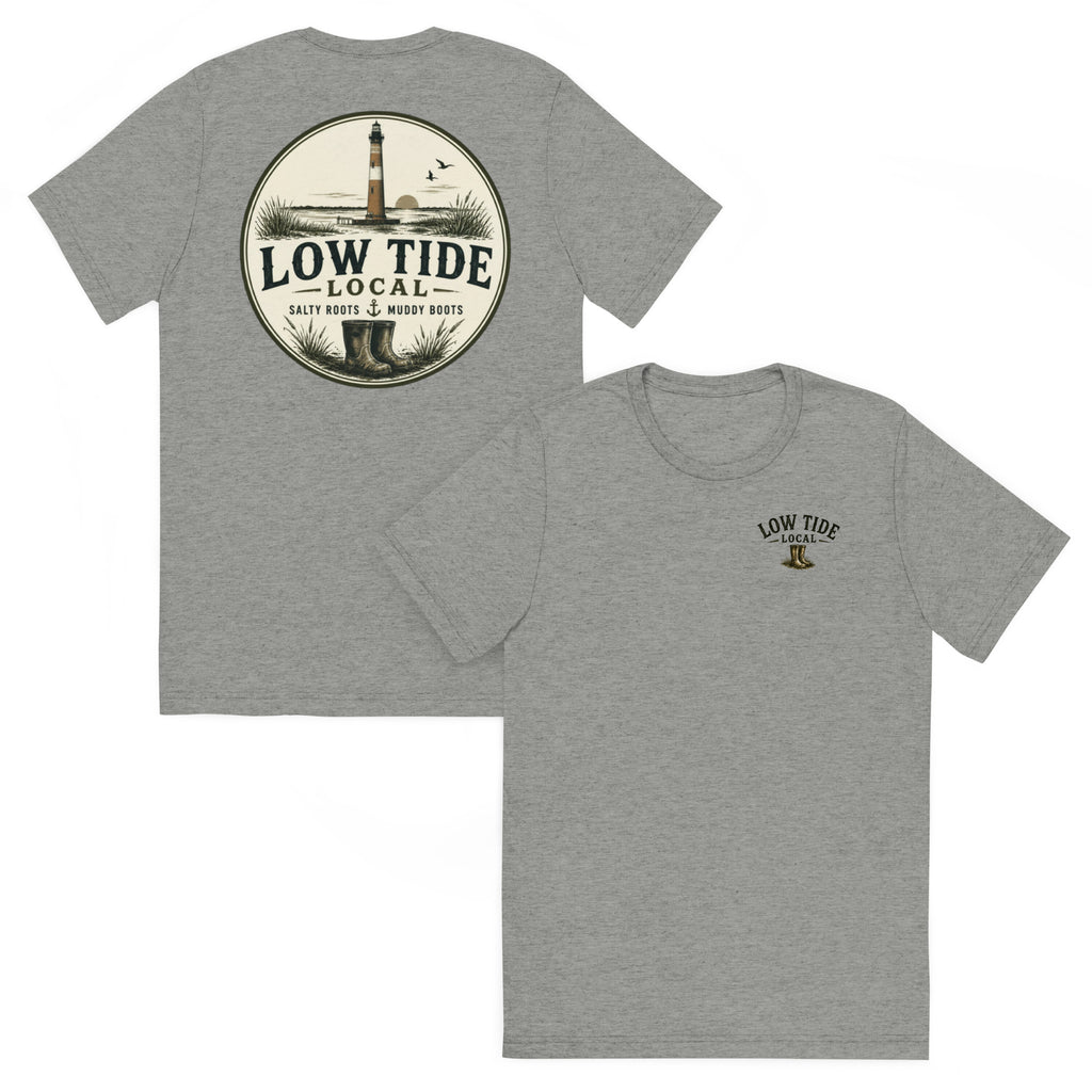 Morris Island Lighthouse Tee in Athletic Grey triblend — front and back view
