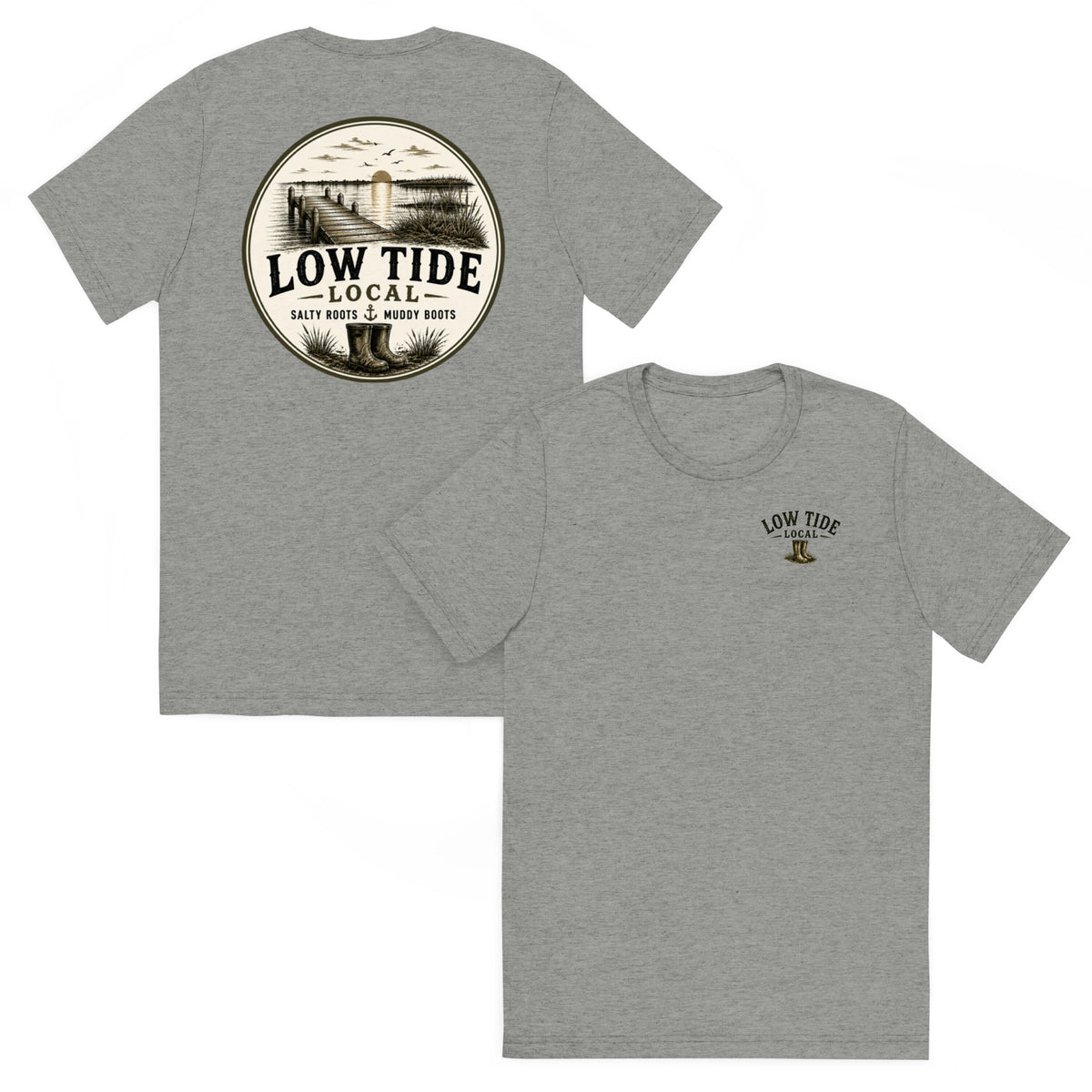 Low Tide Local Marsh Dock Tee in Athletic Grey triblend — front and back view
