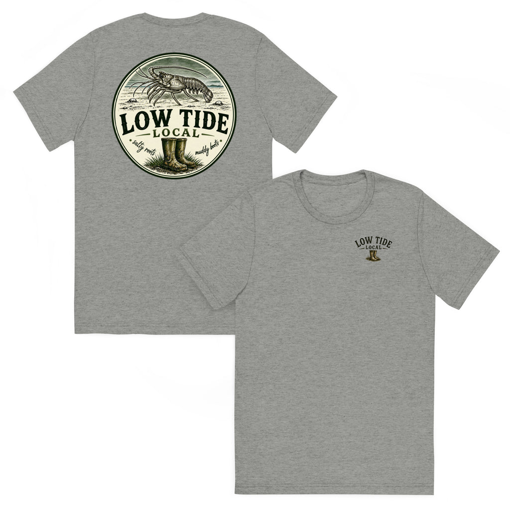 Low Tide Local Spiny Lobster Tee in Athletic Grey triblend — front and back view