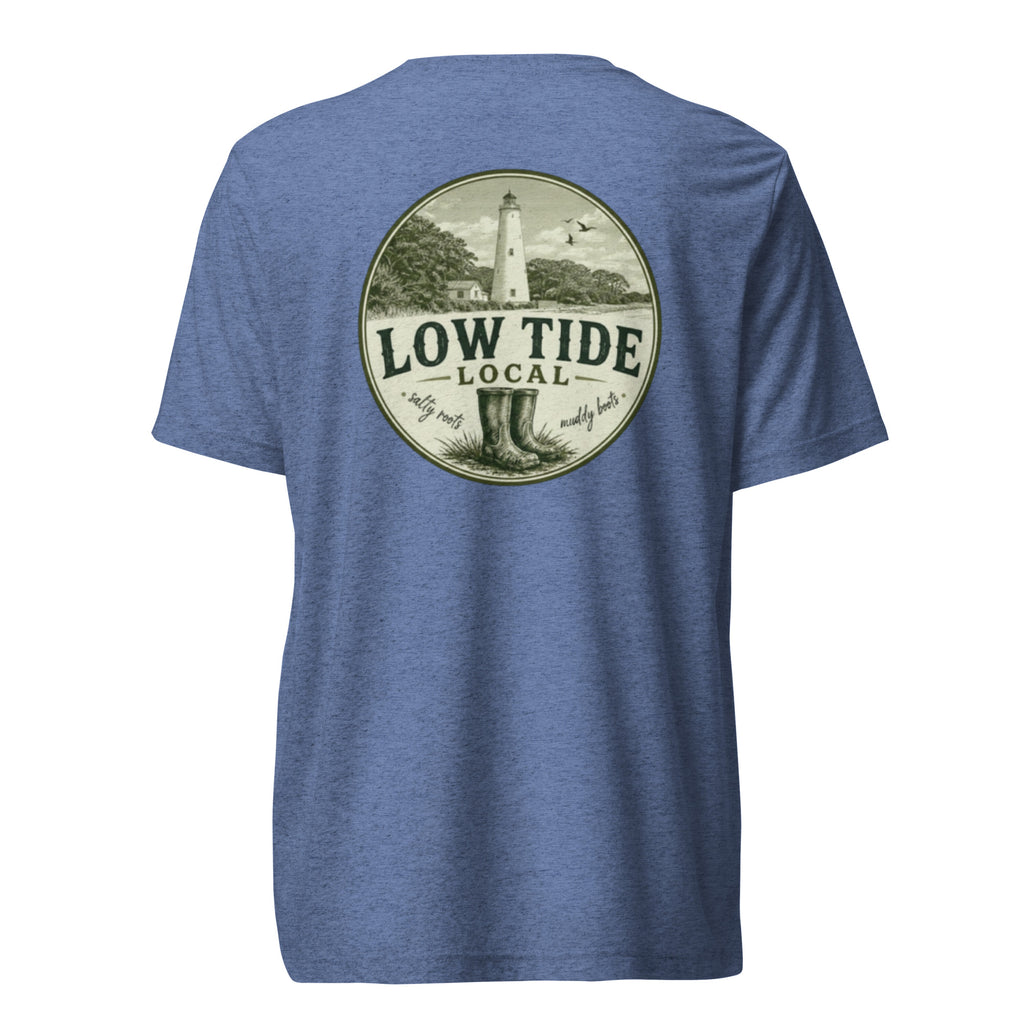 Ocracoke Lighthouse Tee in Blue triblend — back view