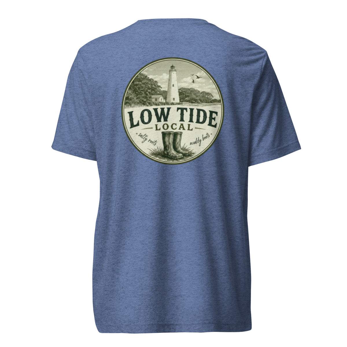 Ocracoke Lighthouse Tee in Blue triblend — back view