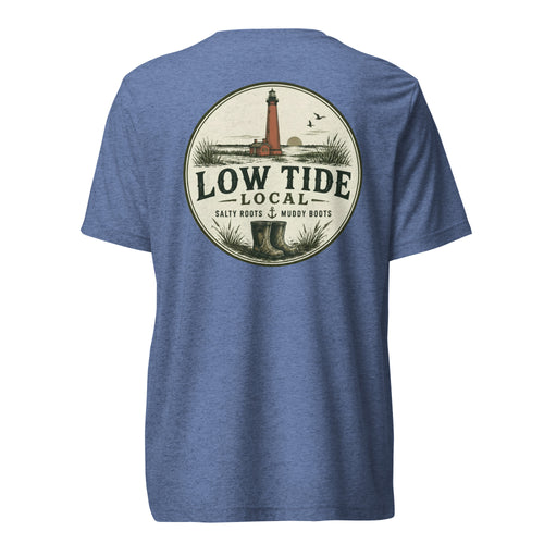 Currituck Beach Lighthouse Tee in Blue triblend — back view