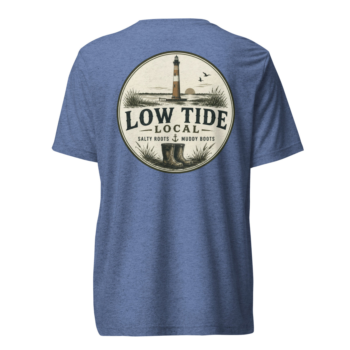 Morris Island Lighthouse Tee in Blue triblend — back view
