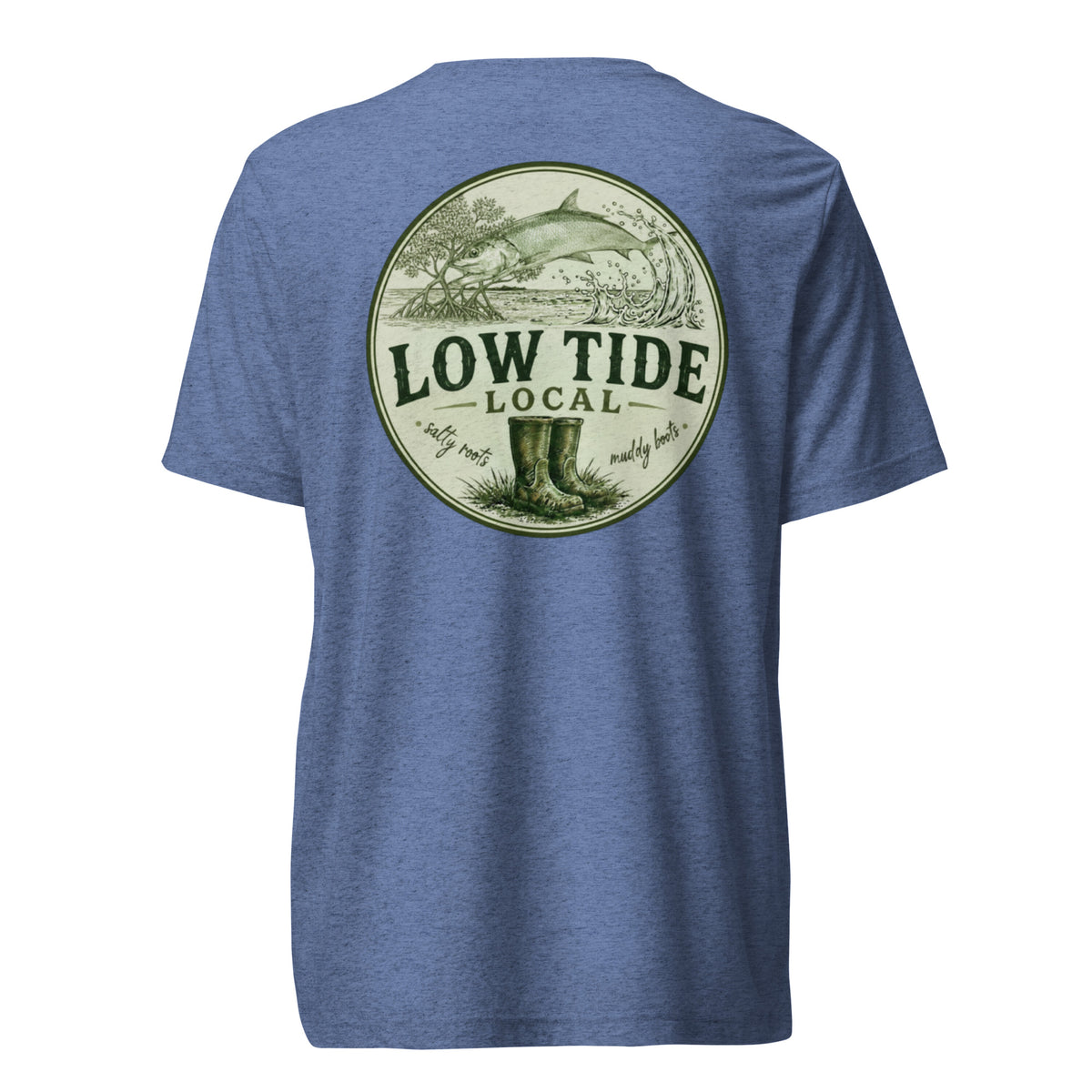 Low Tide Local Silver King Tee in Blue triblend — back view
