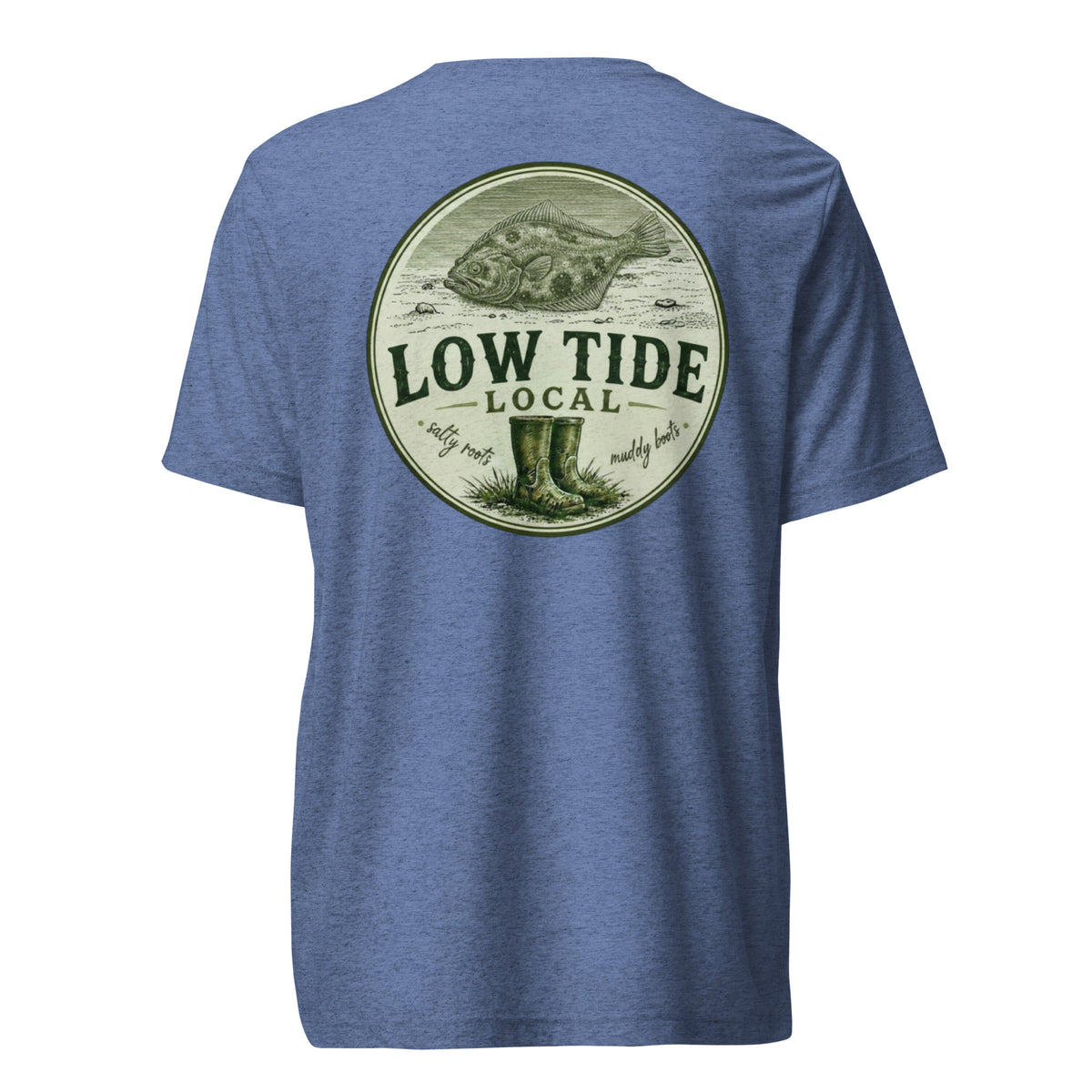 Low Tide Local Coastal Flounder Tee in Blue triblend — back view